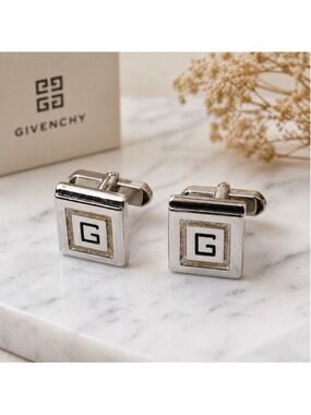 Givenchy G Logo Cufflinks Silver Tone Square Vintage Designer Mens